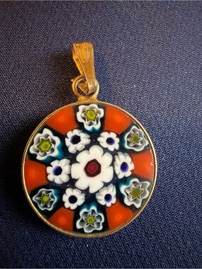 Handmade Millefiori Glass Floral Pendant - Orange & White